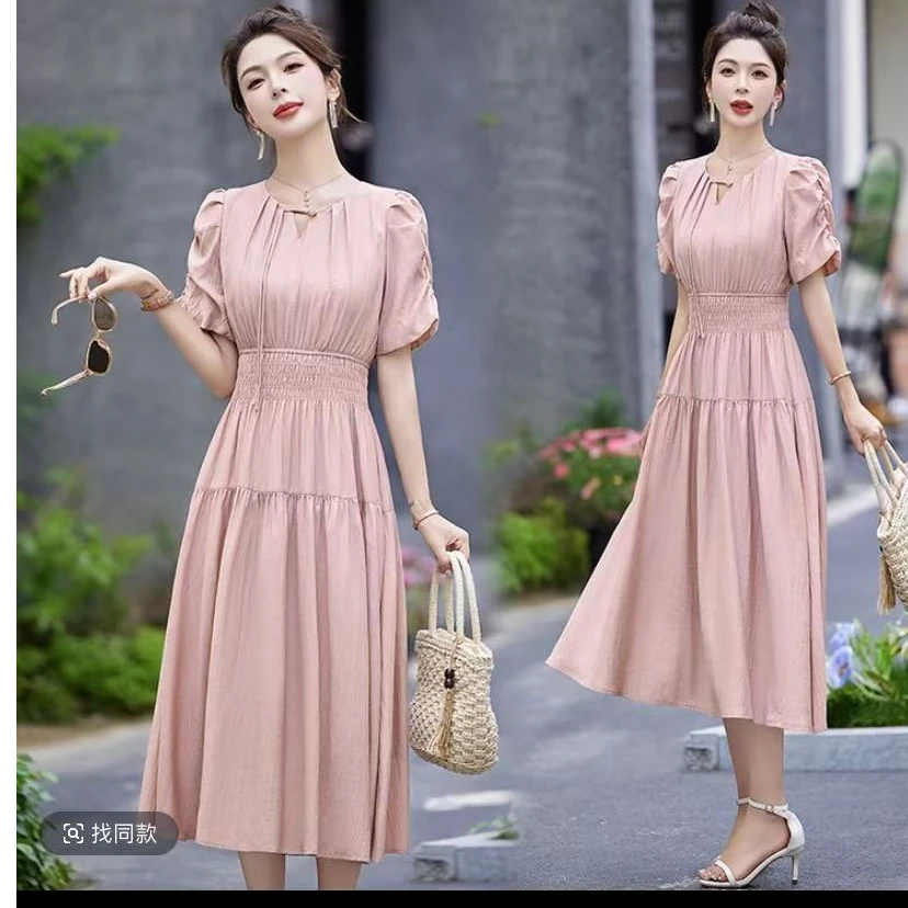 收腰显瘦衣服优雅气质连衣裙轻奢高级感长裙洋气时尚中长款仙女裙
