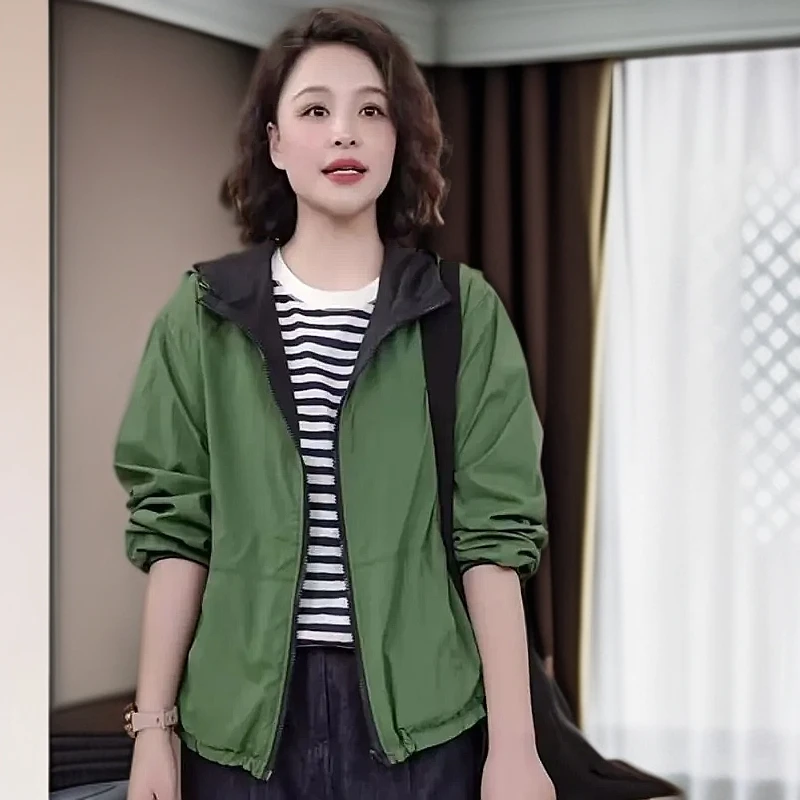 2025春爆款双面穿拼接休闲百搭连帽长袖连帽外套女显瘦减龄潮上衣