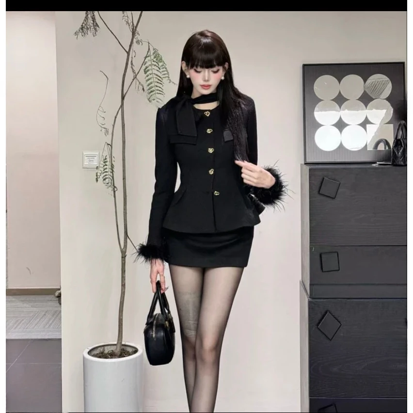 【加棉加厚】秋冬新款收腰显瘦气质名媛外套高腰包臀裙两件套9332