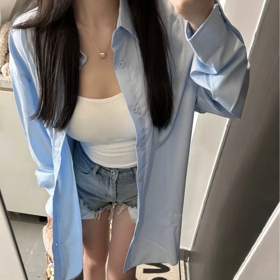 蓝色薄款防晒衬衫女夏季2025长袖宽松外穿小个子上衣衬衣开衫外套