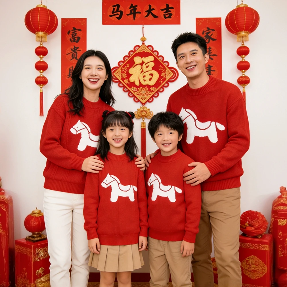 亲子装过年喜庆衣服红色毛衣新年服装一家人全家福衣服2026新款潮