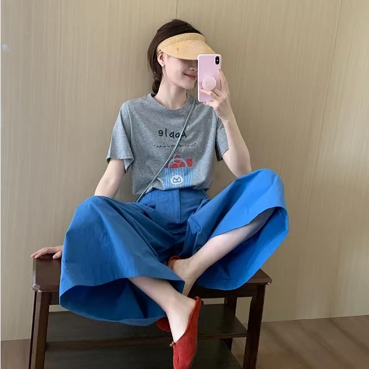 2025夏季新款韩系穿搭慵懒风短袖T恤上衣搭配阔腿裙裤两件套女潮