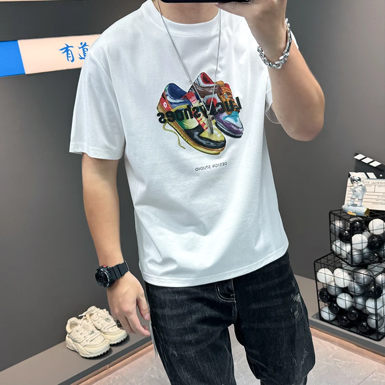 卡通印花短袖t恤衫男士2025夏季新款高端纯棉半袖体恤衫男装上衣