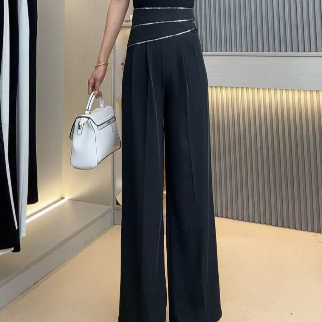 设计感烫钻三条斜边阔腿裤女2025年夏新款宽腰弹力显瘦休闲拖地裤
