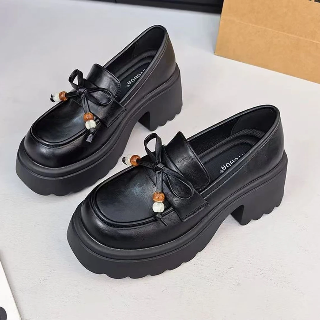 串珠秋季圆头2025新款单鞋英伦风乐福鞋黑色粗高跟时尚女单鞋