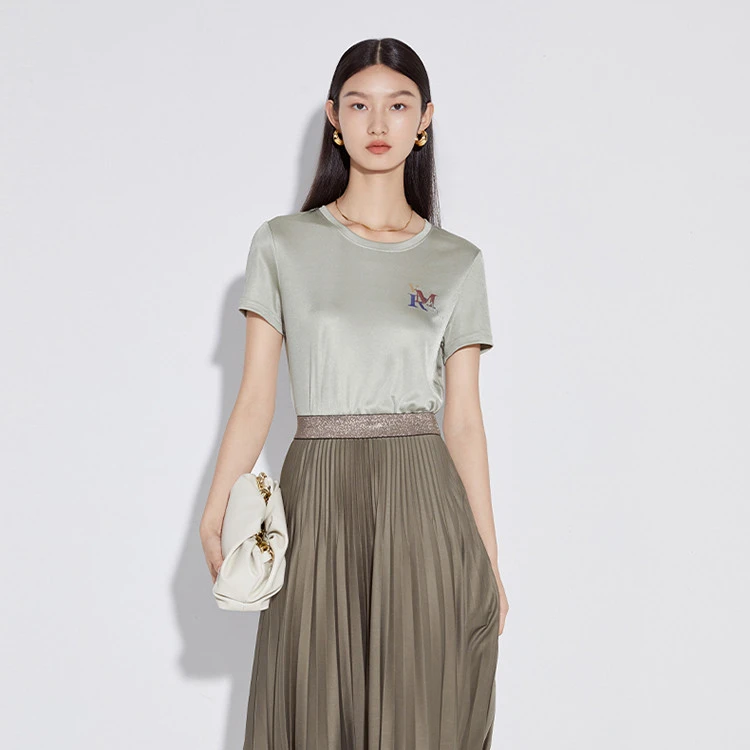 三醋酸短袖女夏通勤简约轻奢圆领T恤简约印花上衣M310101