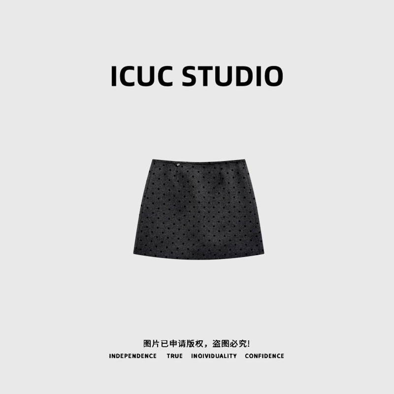 ICUC STUDIO-"韩系波点半身裙"格雷系小众羊毛半身裙3099