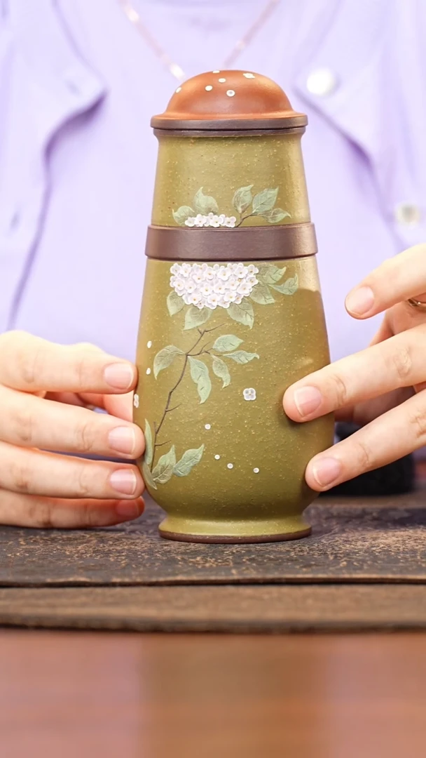 紫砂茶叶罐笠帽盖豆青泥泥绘绣球花茶叶罐