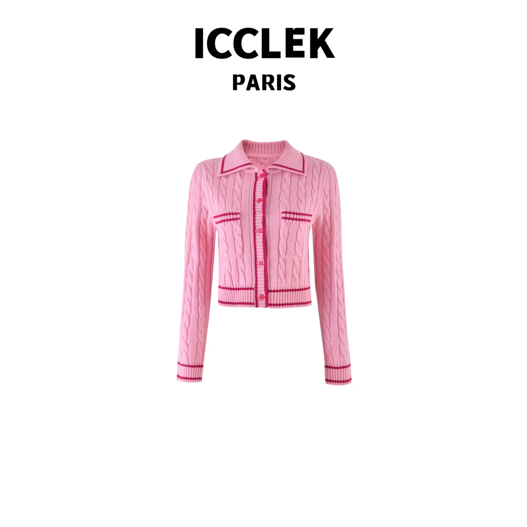 ICCLEK 粉色长袖开襟针织衫 气质 轻奢 名媛 -2895
