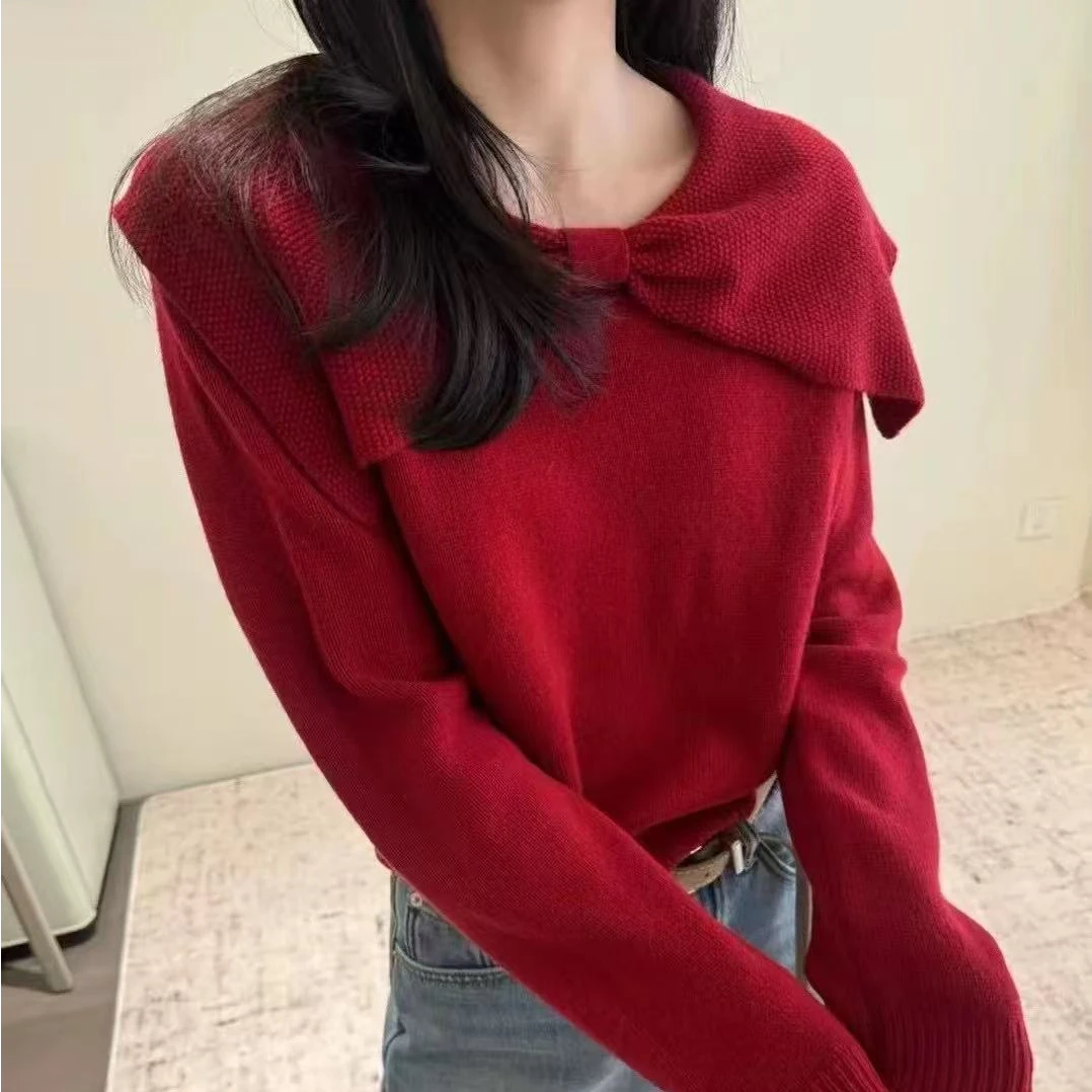 小鑫肝@新款重工蝴蝶结大翻领装饰气质百搭修身毛衣 0050