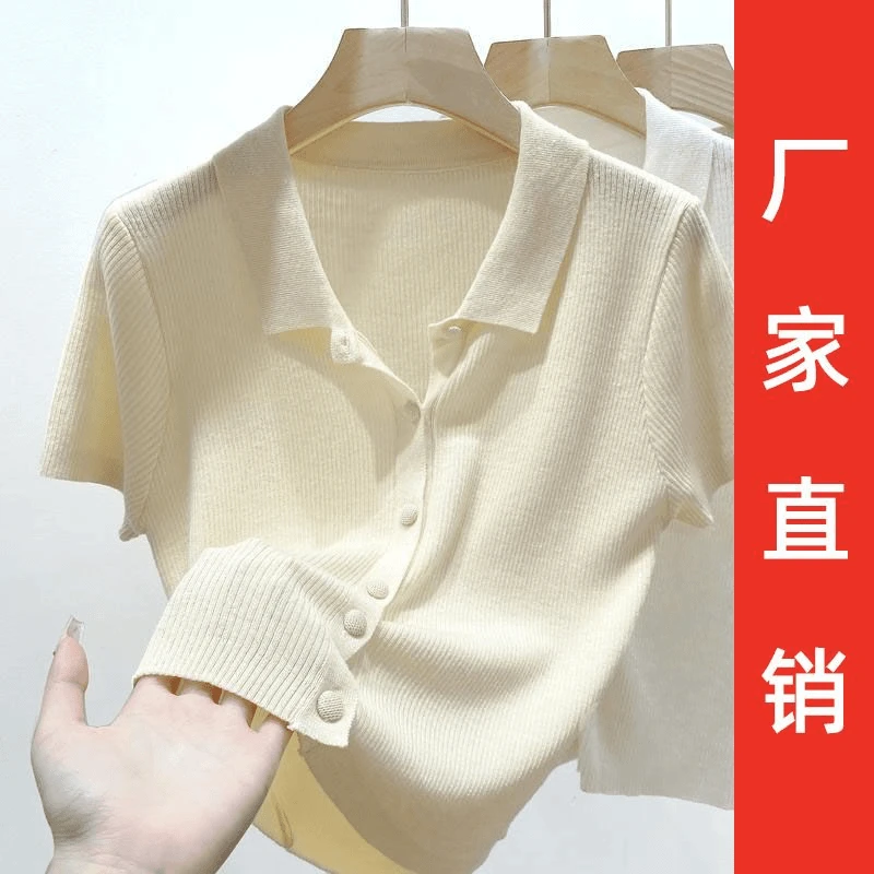 2025夏季时髦Polo领短袖针织衫气质显瘦慵懒百搭休闲减龄开衫上衣