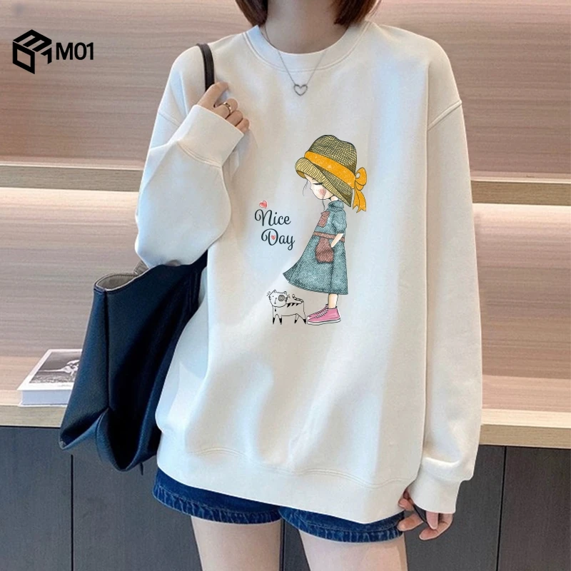 M01白色圆领卫衣女春秋加绒加厚2025新款爆款韩版小个子宽松上衣