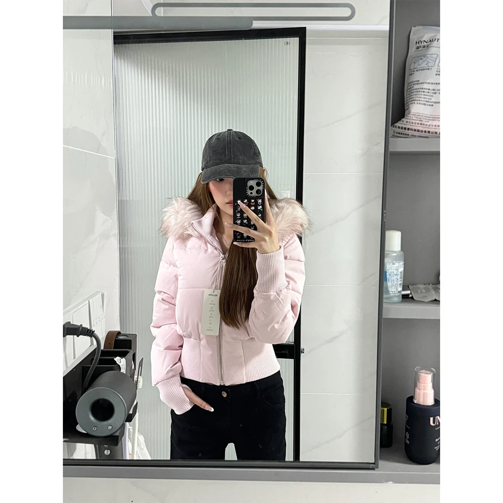 【韩女日记】小海鸥可拆卸毛领短款粉色棉服冬季显瘦保暖棉袄上衣