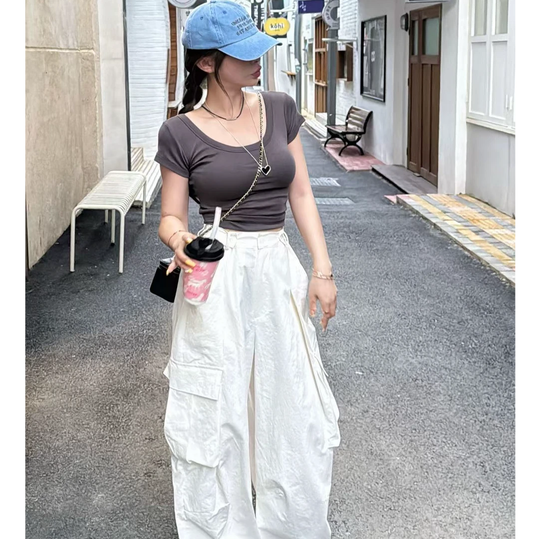 【YKL】冰岛白茶 水泥色后背镂空系带短袖/白色搭扣工装裤