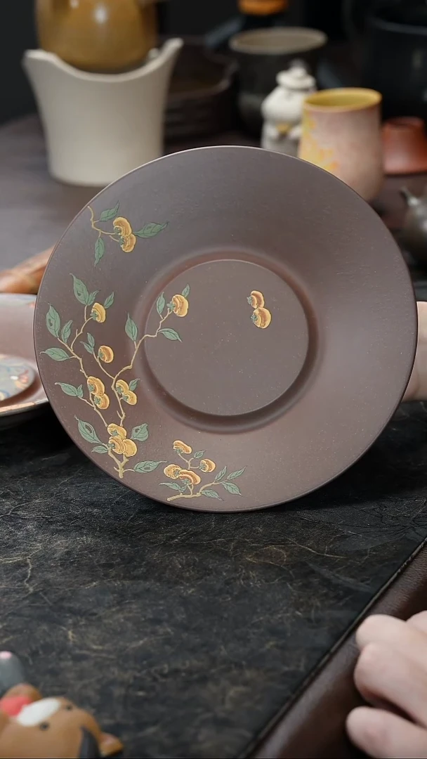 九隐茶器泥绘柿子壶承