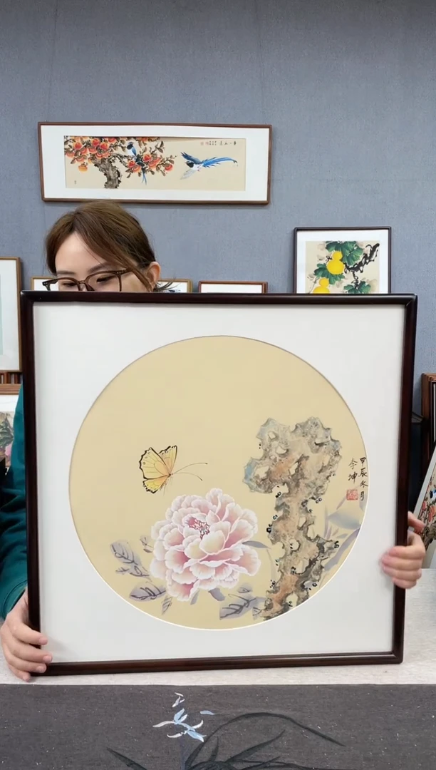 【闪购商品】国画李坤-手绘带框作品-53*53-牡丹