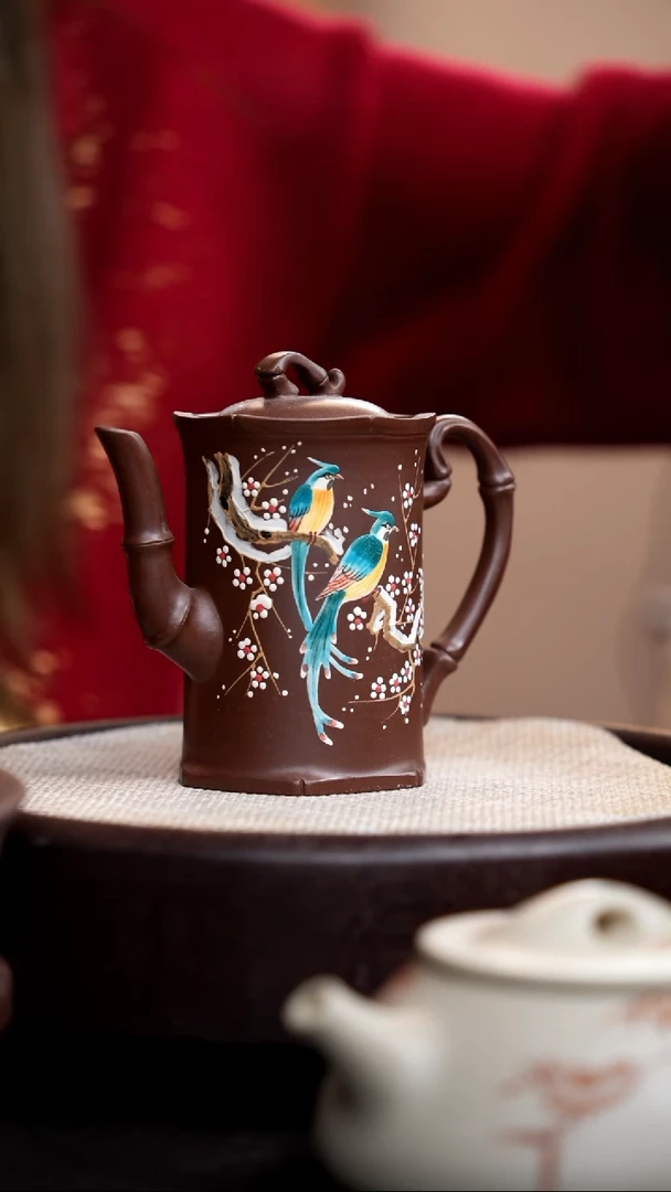 【闪购商品】紫砂茶壶紫泥高竹节壶泥绘双鸟