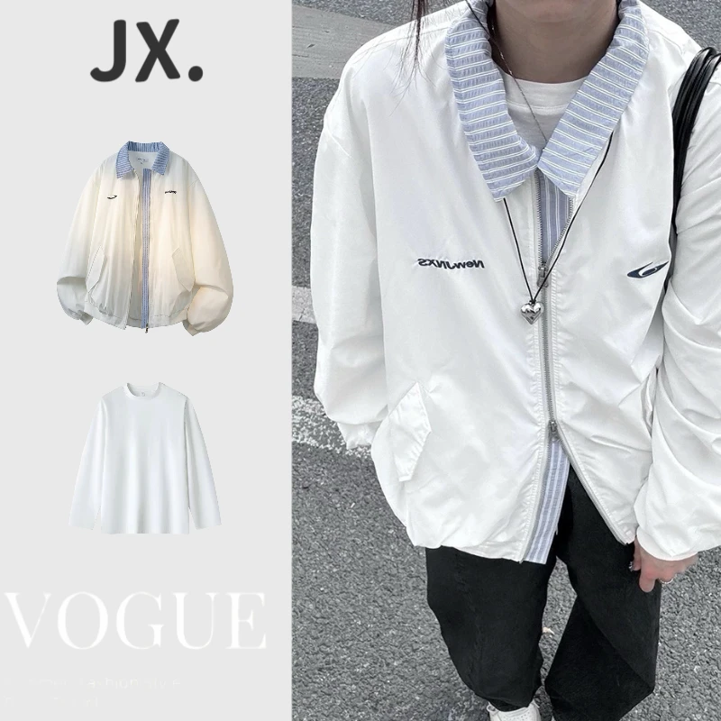 美式复古假两件翻领棒球服春秋男女潮流时尚休闲百搭夹克秋季外套