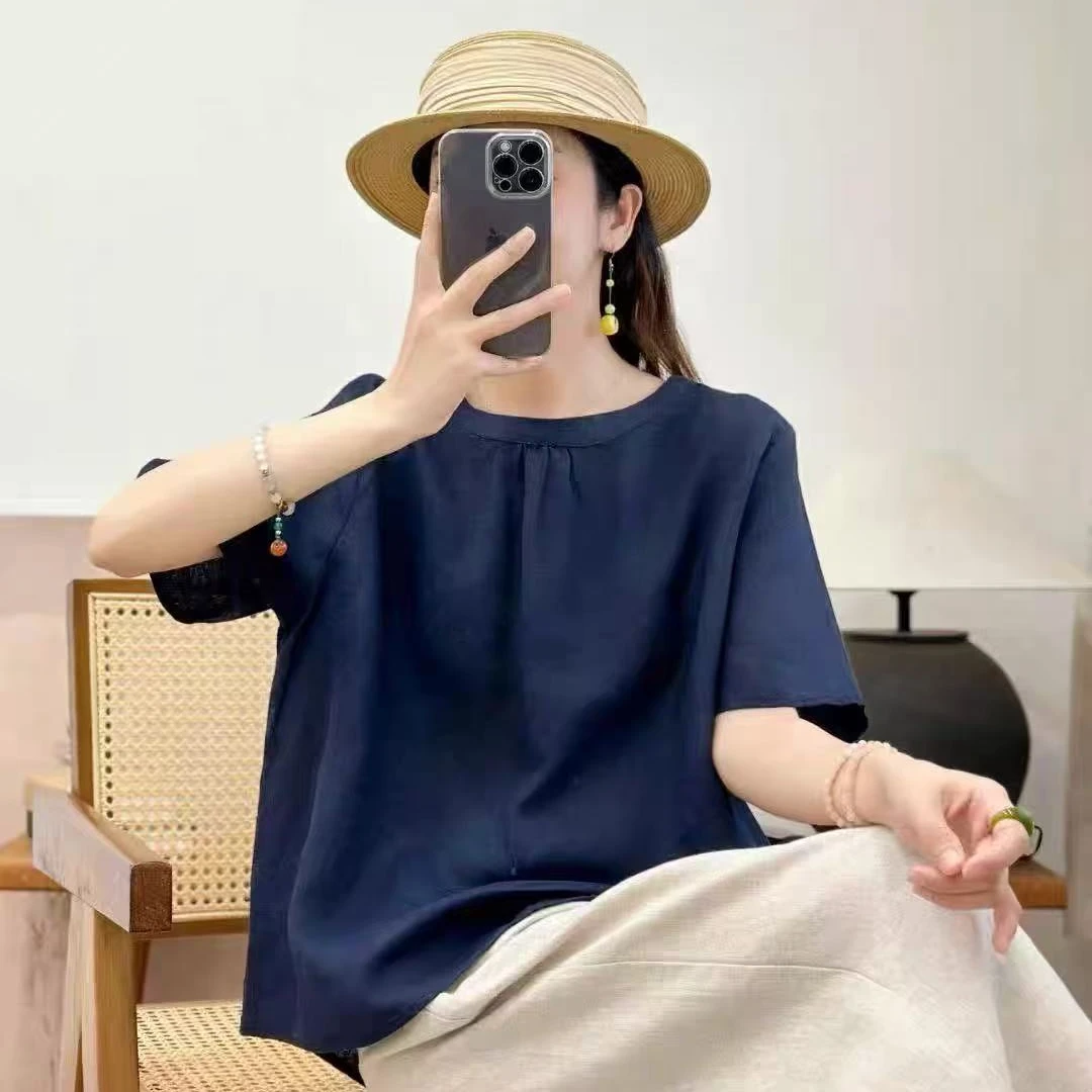 【梵否】1279新款纯色显瘦文艺时尚减龄上衣女显瘦宽松亚麻短袖