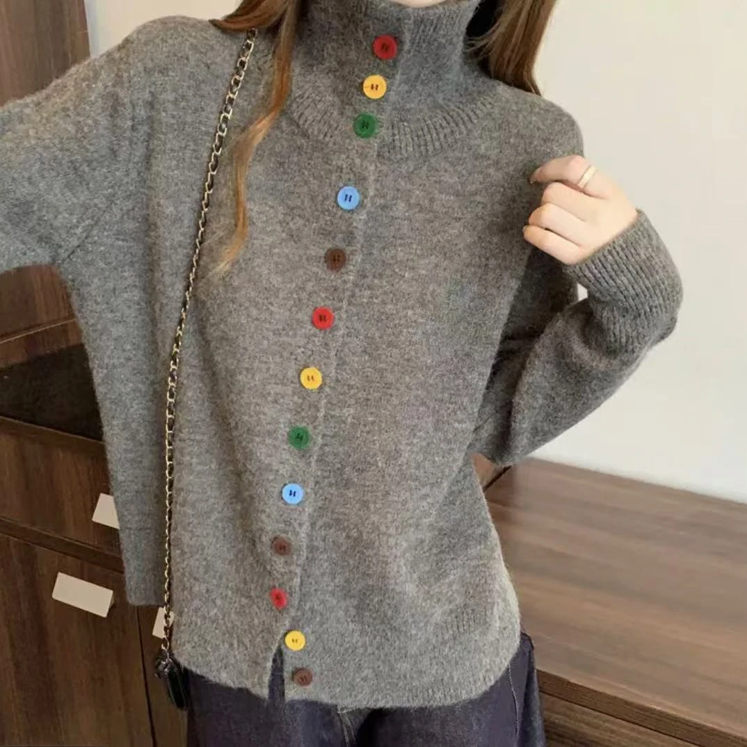韩系时尚气质简约立领彩色扣子毛衣女设计感小众针织开衫休闲百搭