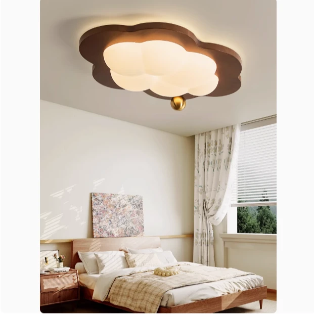 云朵吸顶灯复古中古侘寂风儿童房间护眼灯胡桃木色创意造型卧室灯