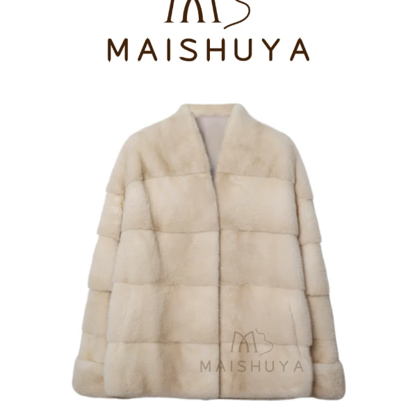 麦舒雅进口水貂皮草外套貂皮大衣挽袖V领帕斯条本色水貂外套