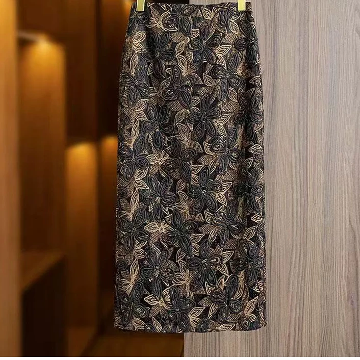 LWK690款 手工盘花刺绣蕾丝半身裙女春法式优雅气质开叉包臀裙