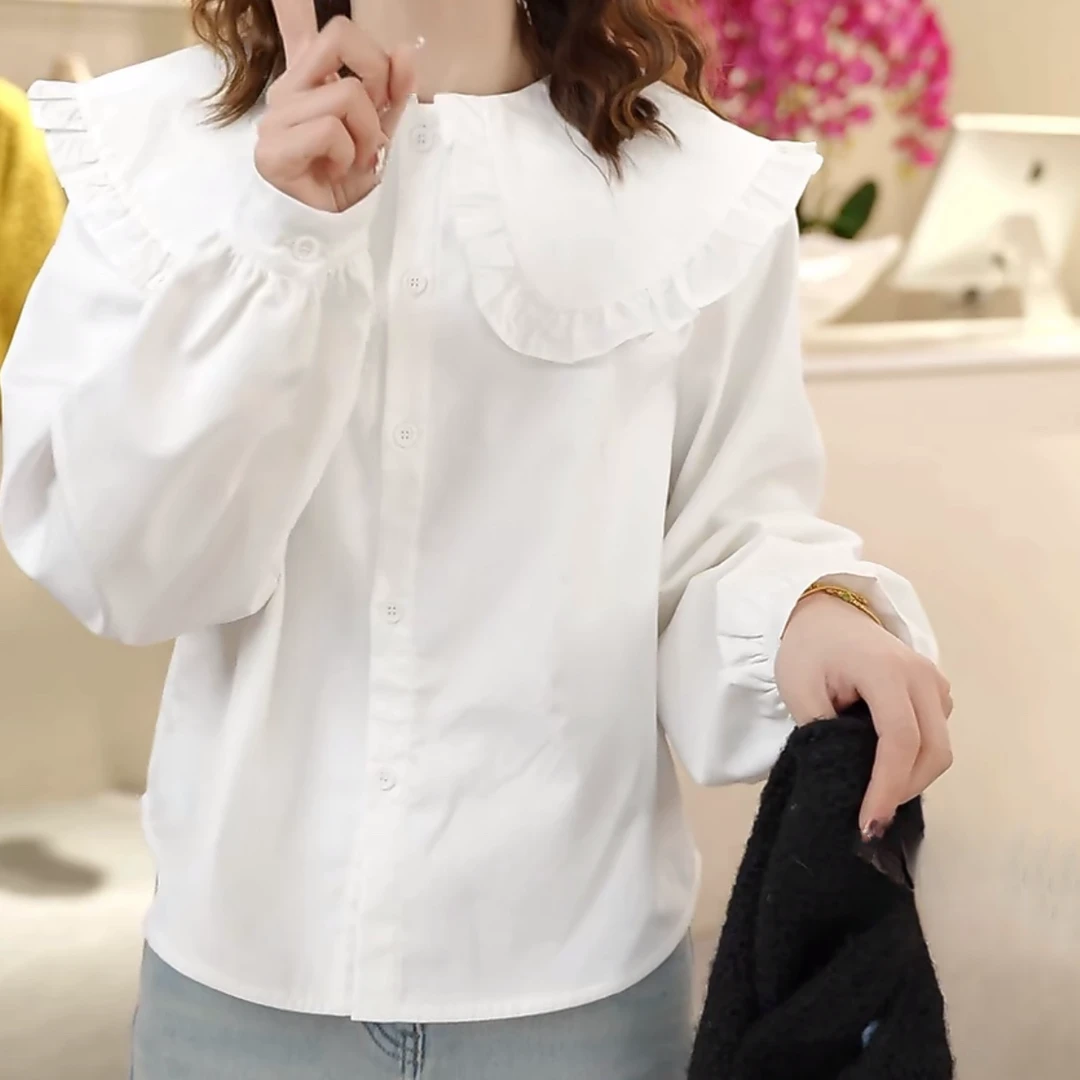 荷叶边娃娃领白衬衫女2024新款秋冬韩版加绒加厚设计感显瘦衬衣