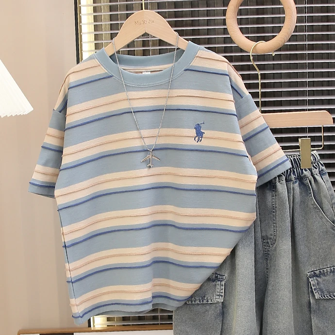 男童短袖T恤2025新款儿童洋气条纹夏装上衣男孩宽松休闲半袖圆领t