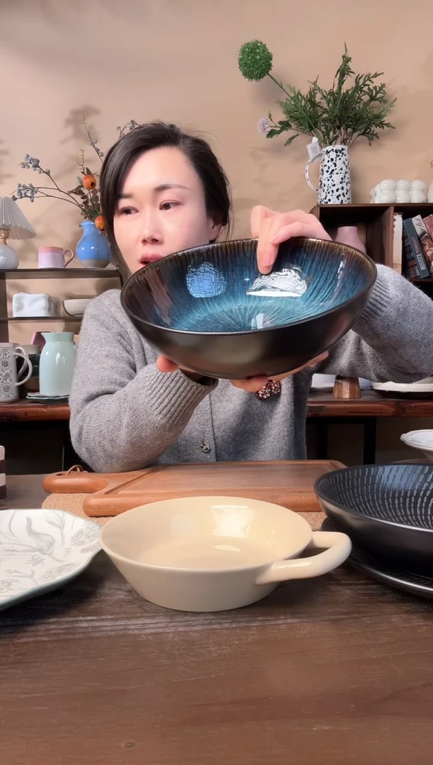 9英寸异形窑变线条大汤碗微瑕