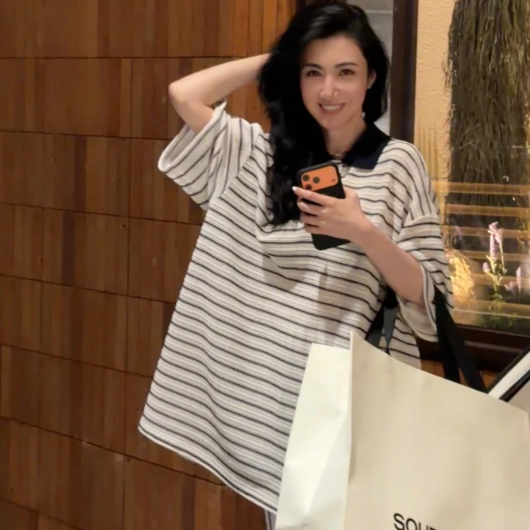 2507156【壁虎姐】GECKO夏季新款 藏蓝色条纹POLO宽松T恤喇叭裤套