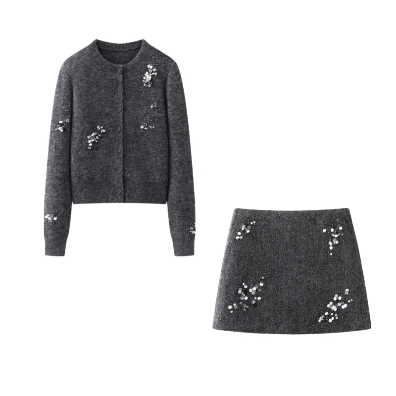 【圣诞款董洁同款】艾家-设计师款针织衫开衫半身裙子两件套装4113