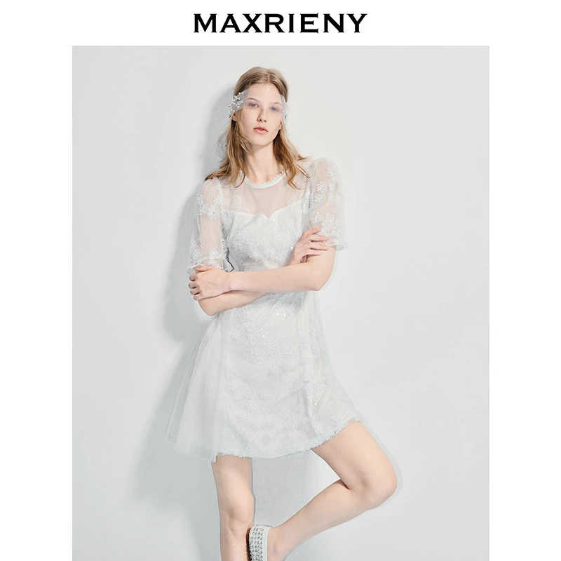 MAXRIENY25年夏季新款国风优雅刺绣重工连衣裙收腰泡泡袖绣花裙子