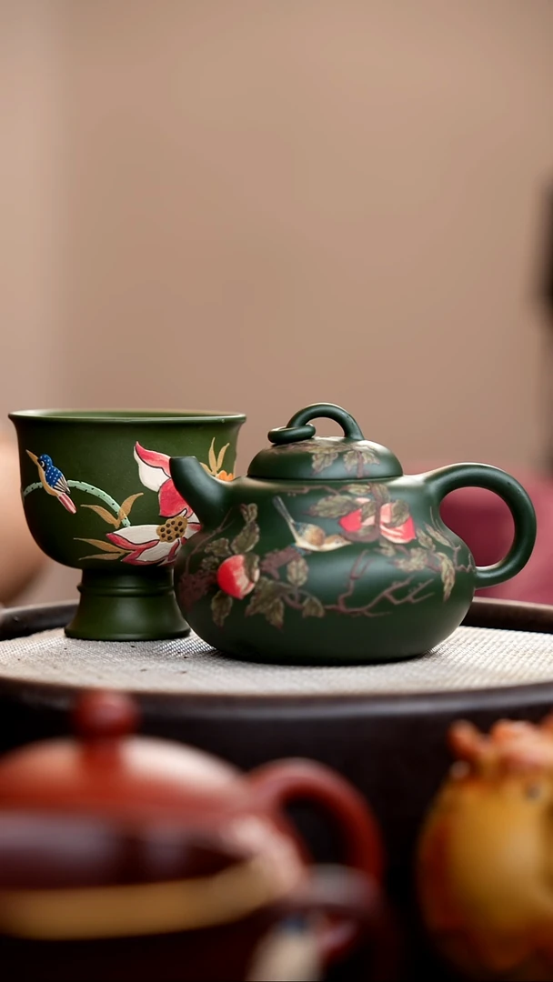 茶壶紫砂民国绿葫芦泥绘桃子+杯