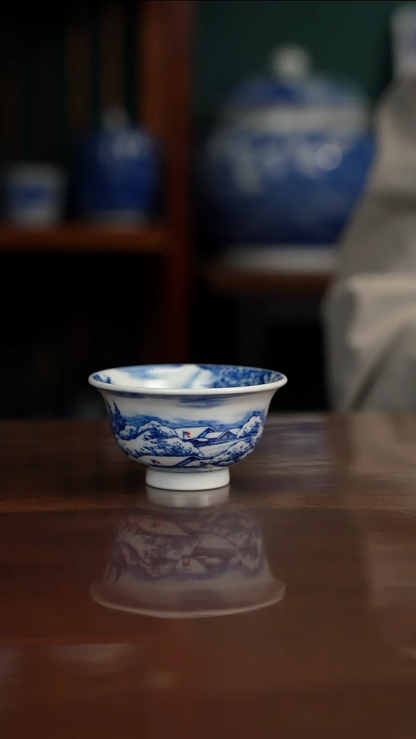 柴窑青花雪景压手杯