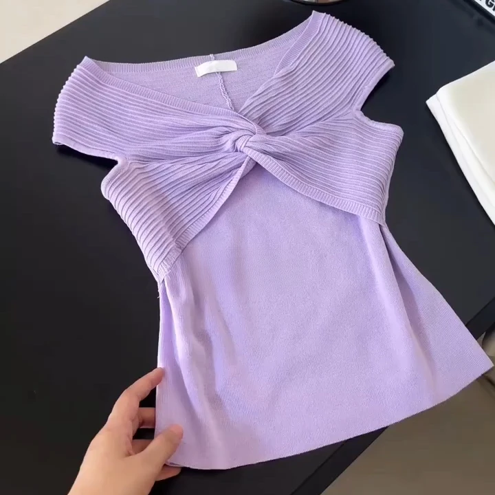 纯欲风纽结设计感一字肩针织衫女装夏季新款小众独特别致显瘦上衣