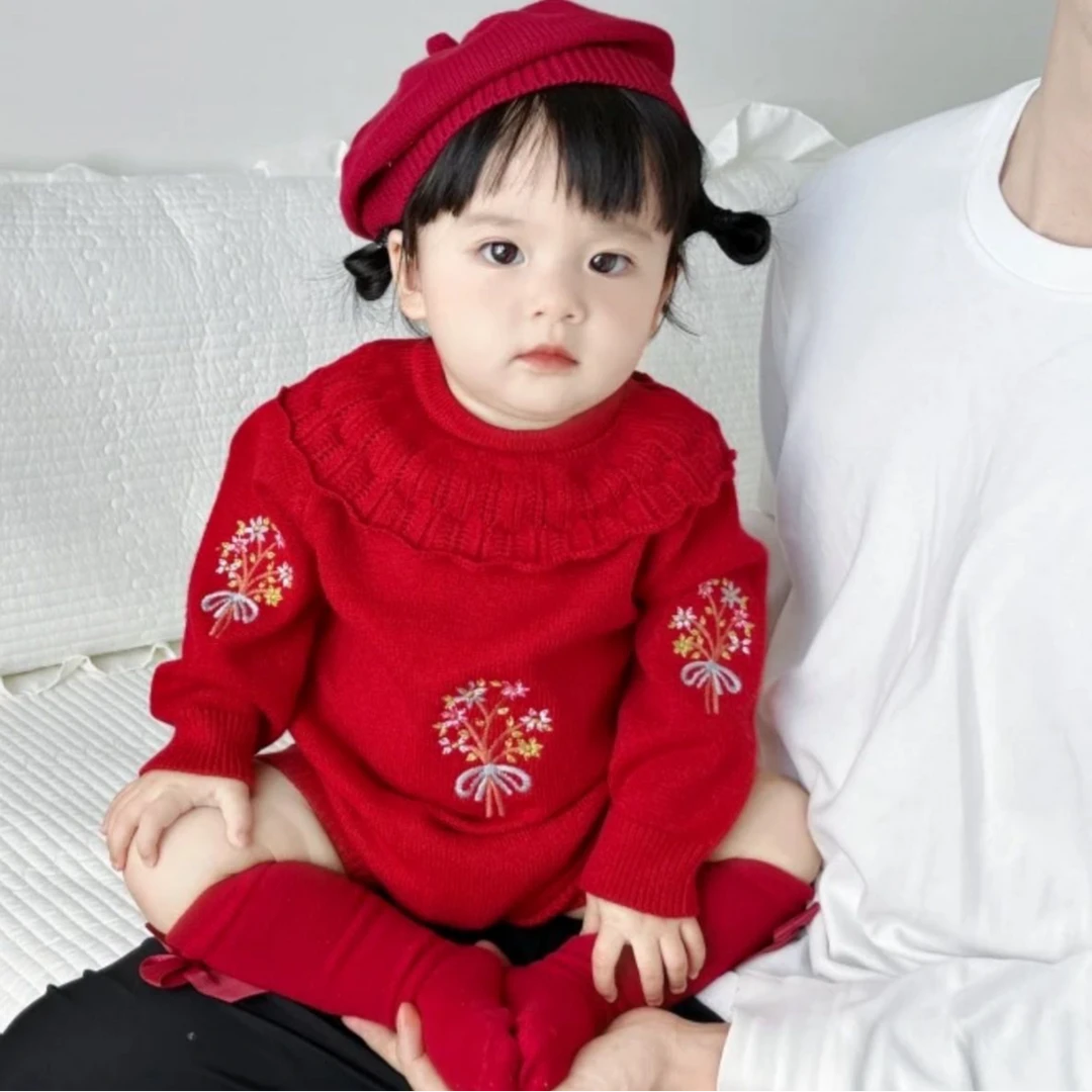 婴儿秋冬连体衣绣花毛衣针织衫满月包屁衣百天周岁礼服