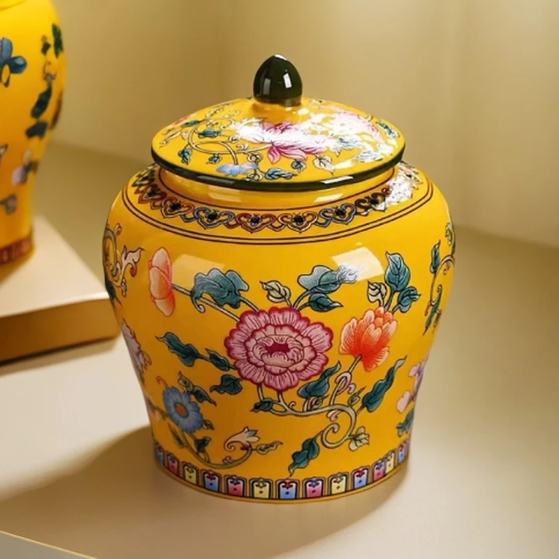 黄珐琅缠枝莲将军茶叶罐