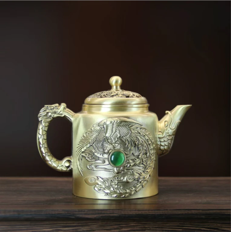 《龙凤宝石壶》纯黄铜旋转茶壶酒壶铜茶壶家居创意铜器茶桌面摆件
