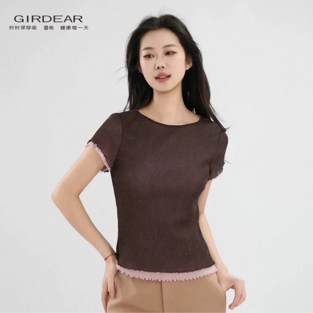 GIRDEAR/哥弟早春新品高级感双层拼色网纱轻薄时髦短袖T恤130162