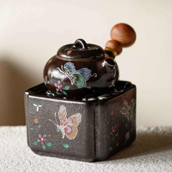 亘古 暗夜蝶舞黑志野烧粗陶侧把壶温茶炉底座围炉中式陶瓷温茶炉