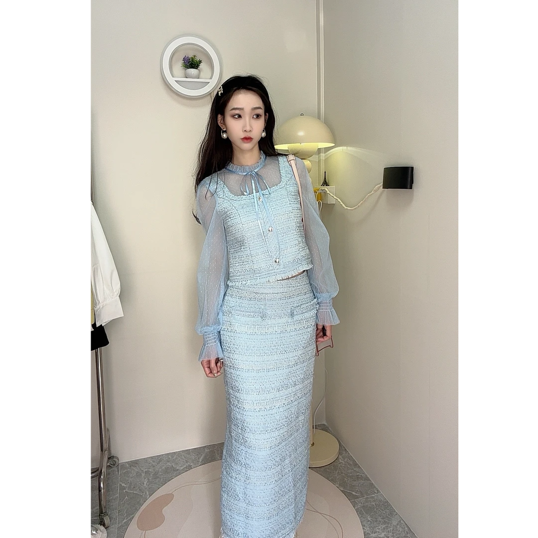 气质时尚设计感淑女收腰显瘦修身小香风亮片上衣短裙流苏中长裙