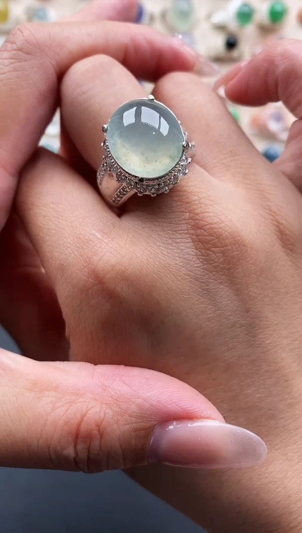 银S925镶嵌戒指翡翠缅甸天然A货翡翠22  6-5