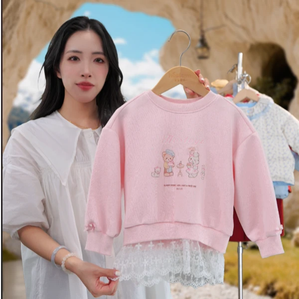 皇室童缘女童卡通印花卫衣春秋季新款粉色圆领上衣17780232007