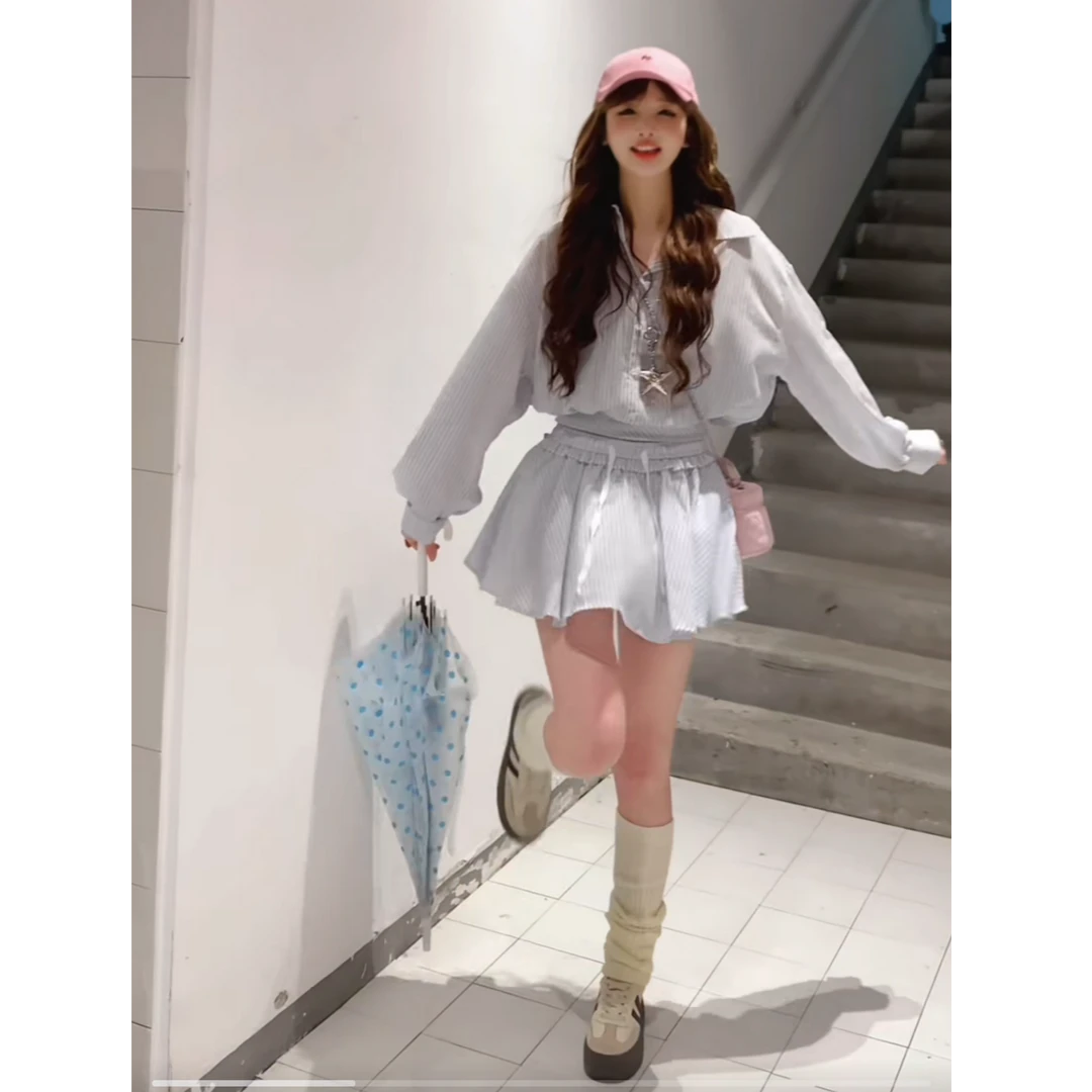 冰蓝荔夏 美式辣妹条纹短款衬衫+A字伞裙套装C 8509#