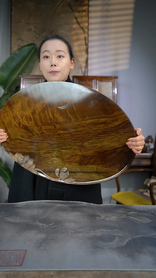 【闪购商品】金丝楠木雕满花凤尾水波荷花茶盘