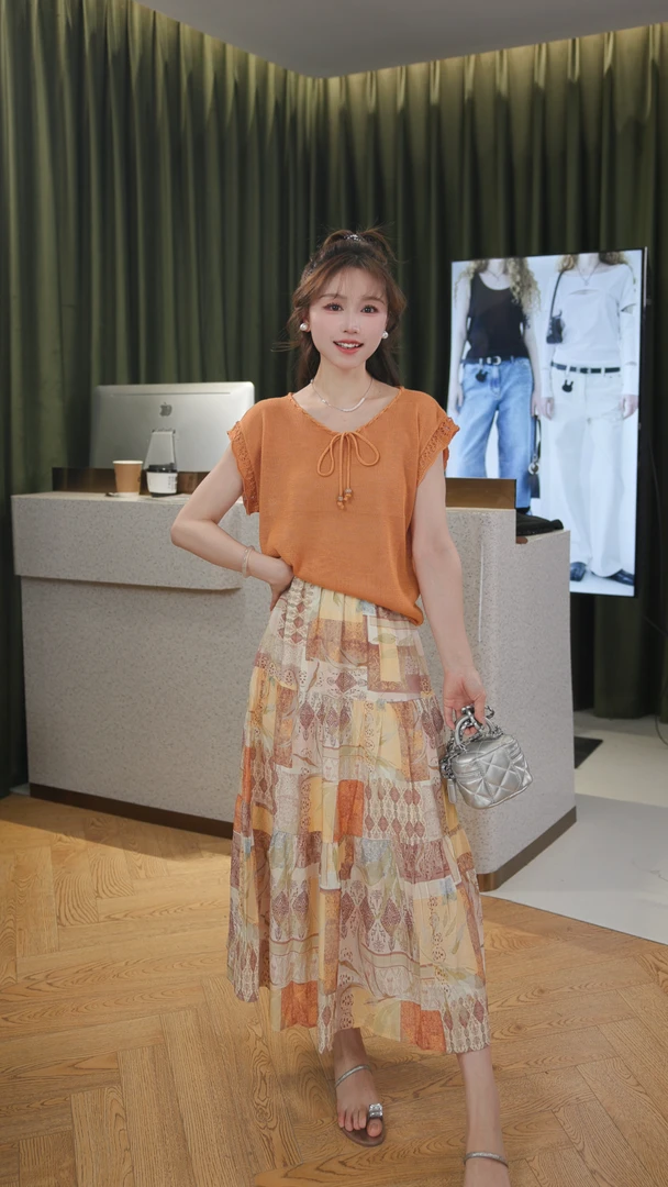 波西米亚风夏季复古蕾丝拼接渐变色雪纺上衣与半身裙套装百褶