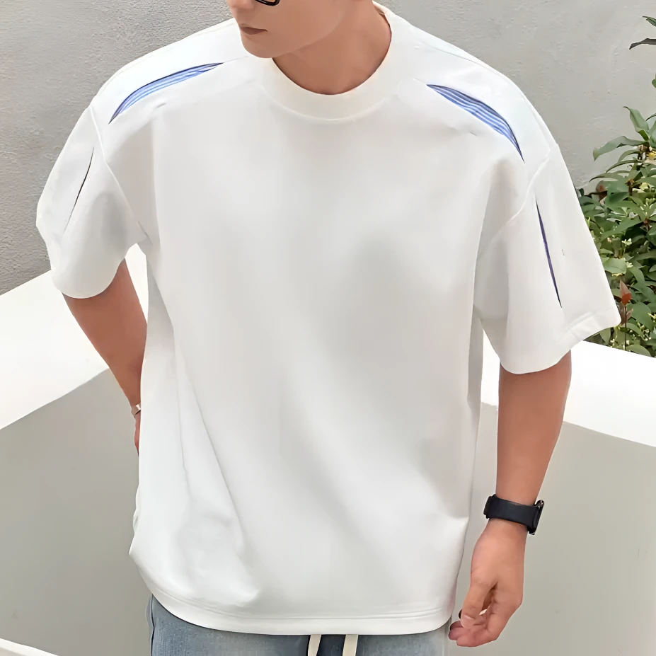 夏季爆款条纹拼接圆领短袖男士潮牌设计师款高级感百搭半袖T恤男