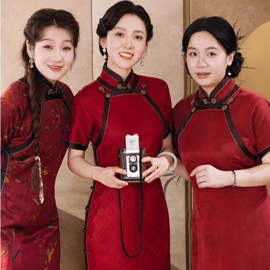 鸿运当头2025春夏高端古法一片式宽松款香云纱真丝长款旗袍红裳舞