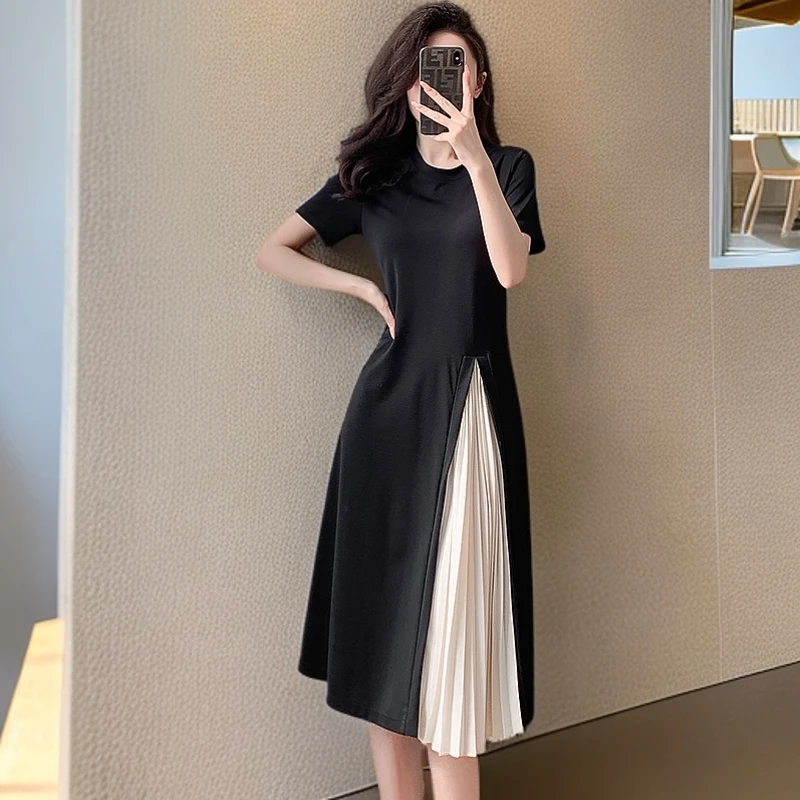 法式洋气网红气质连衣裙皱褶拼接设计感遮肉显瘦大码中长款T恤裙